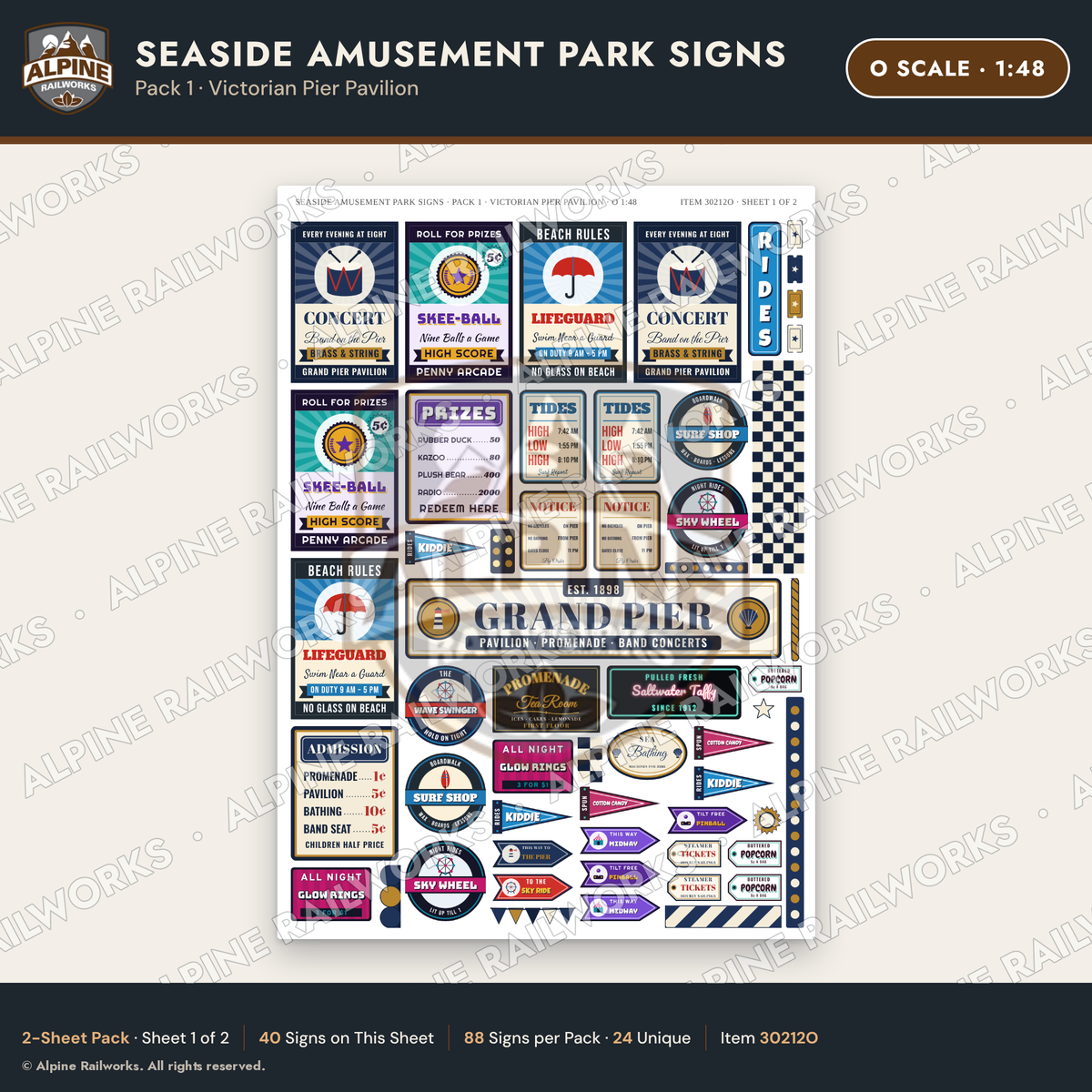 Alpine Railworks 30212O O Scale Seaside Amusement Park Signs