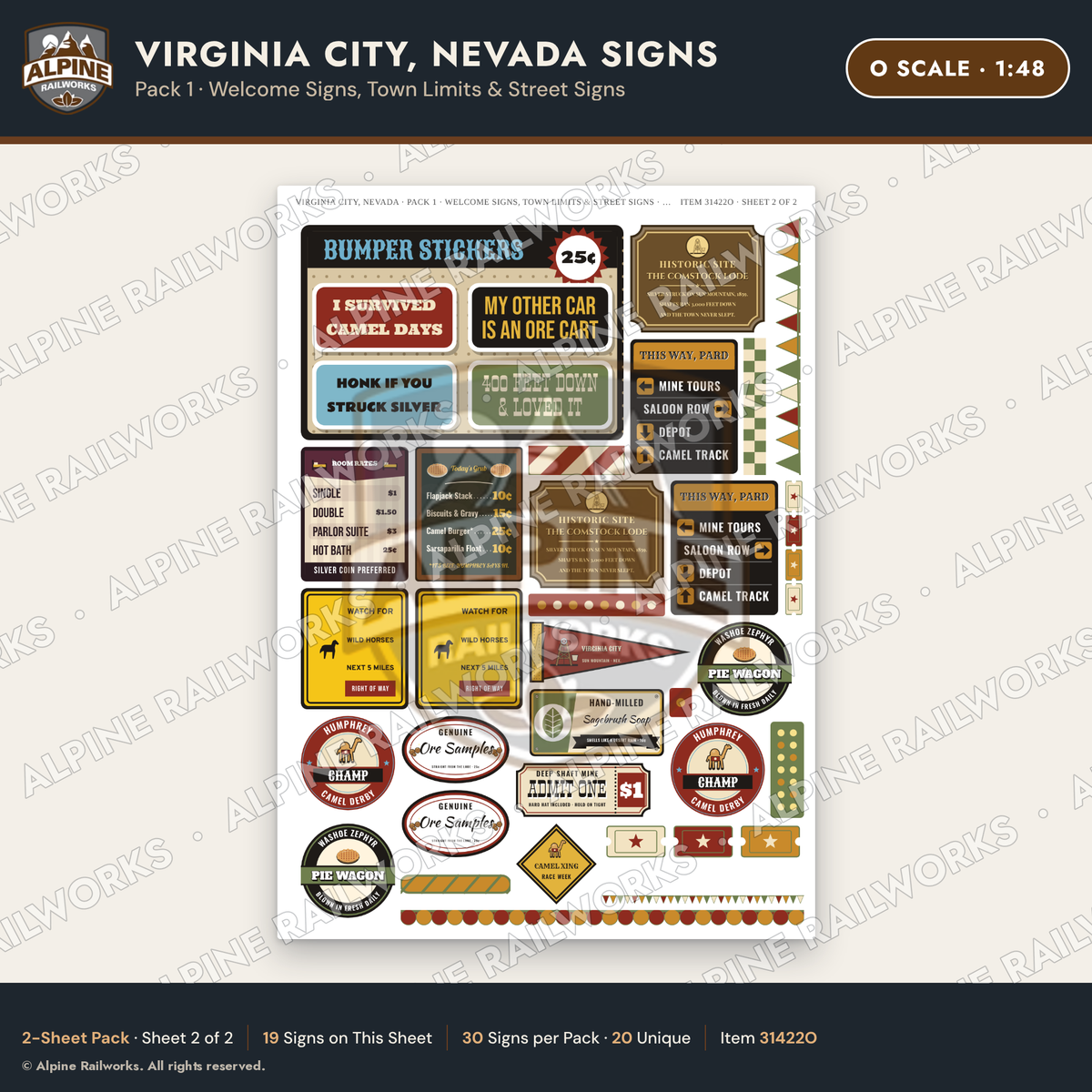 Alpine Railworks 31422O O Scale Virginia City NV Signs - Welcome Signs