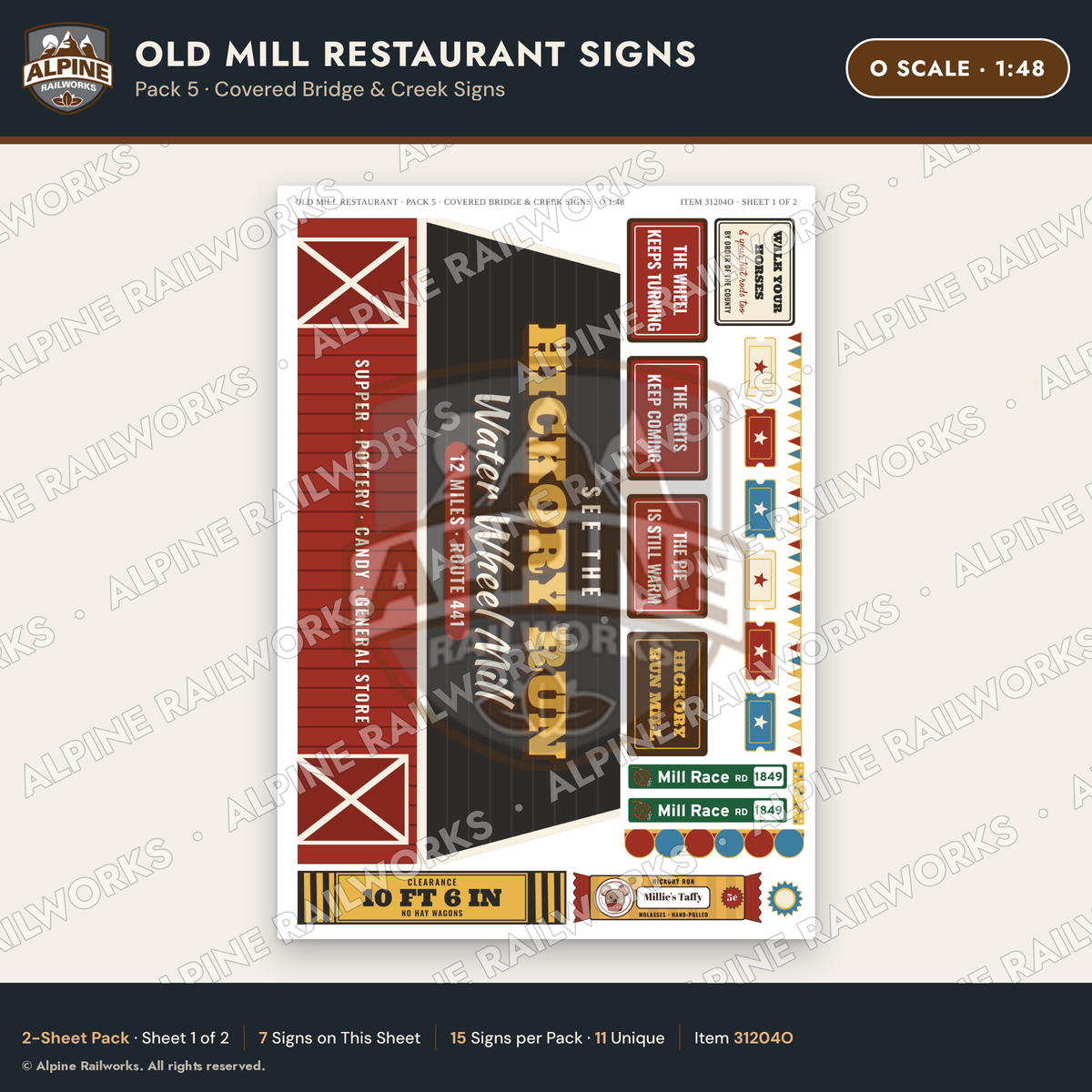 Alpine Railworks 31204O O Scale Old Mill Signs - Covered Bridge