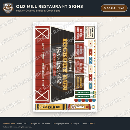 Alpine Railworks 31204O O Scale Old Mill Signs - Covered Bridge
