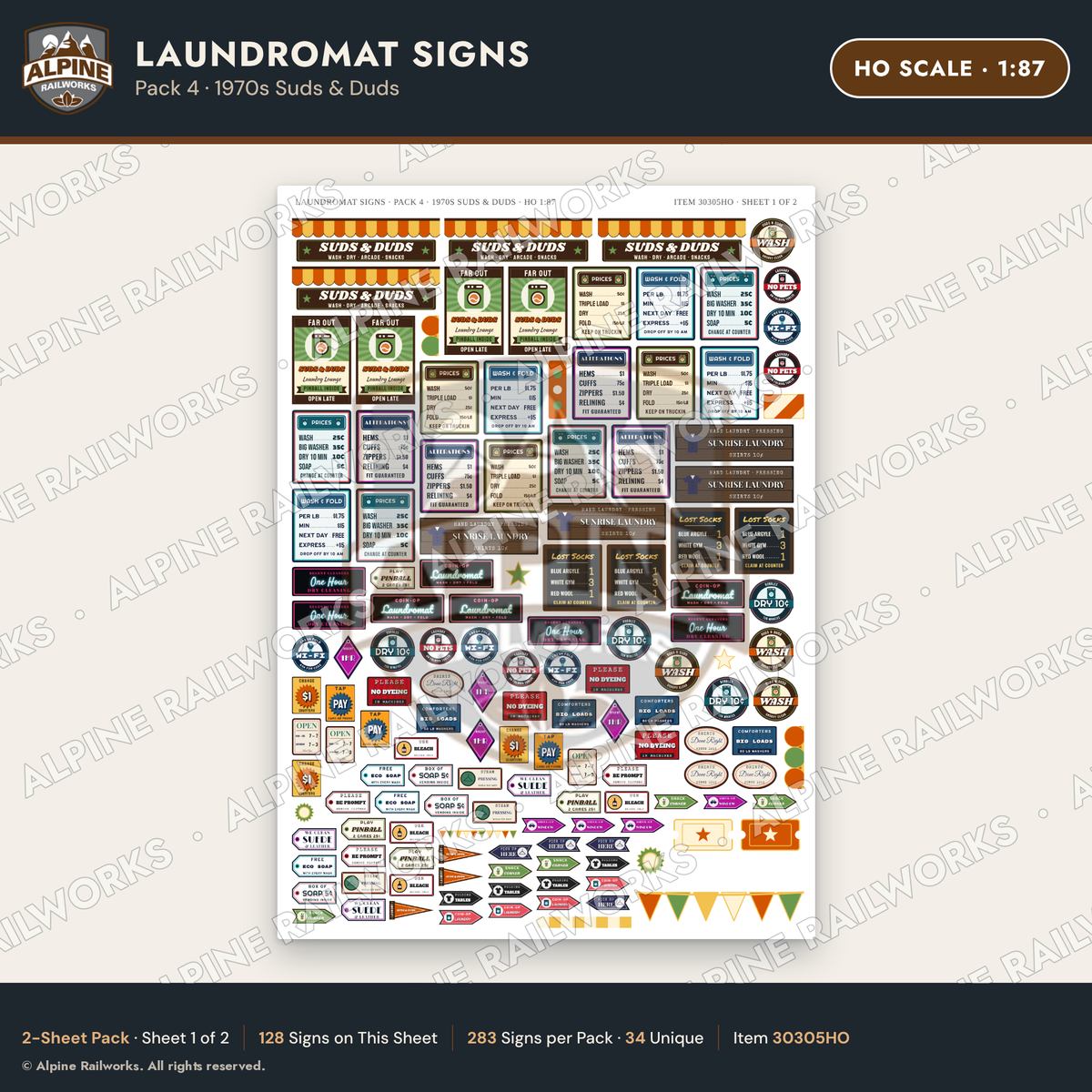 Alpine Railworks 30305HO HO Scale Laundromat Signs - 1970s Suds & Duds
