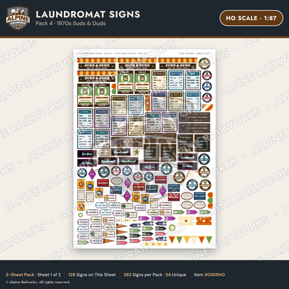 Alpine Railworks 30305HO HO Scale Laundromat Signs - 1970s Suds & Duds