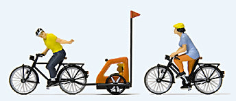 Preiser 10636 HO Scale Family Ride Mother Father Toddler 2 Bikes & Baby Trailer