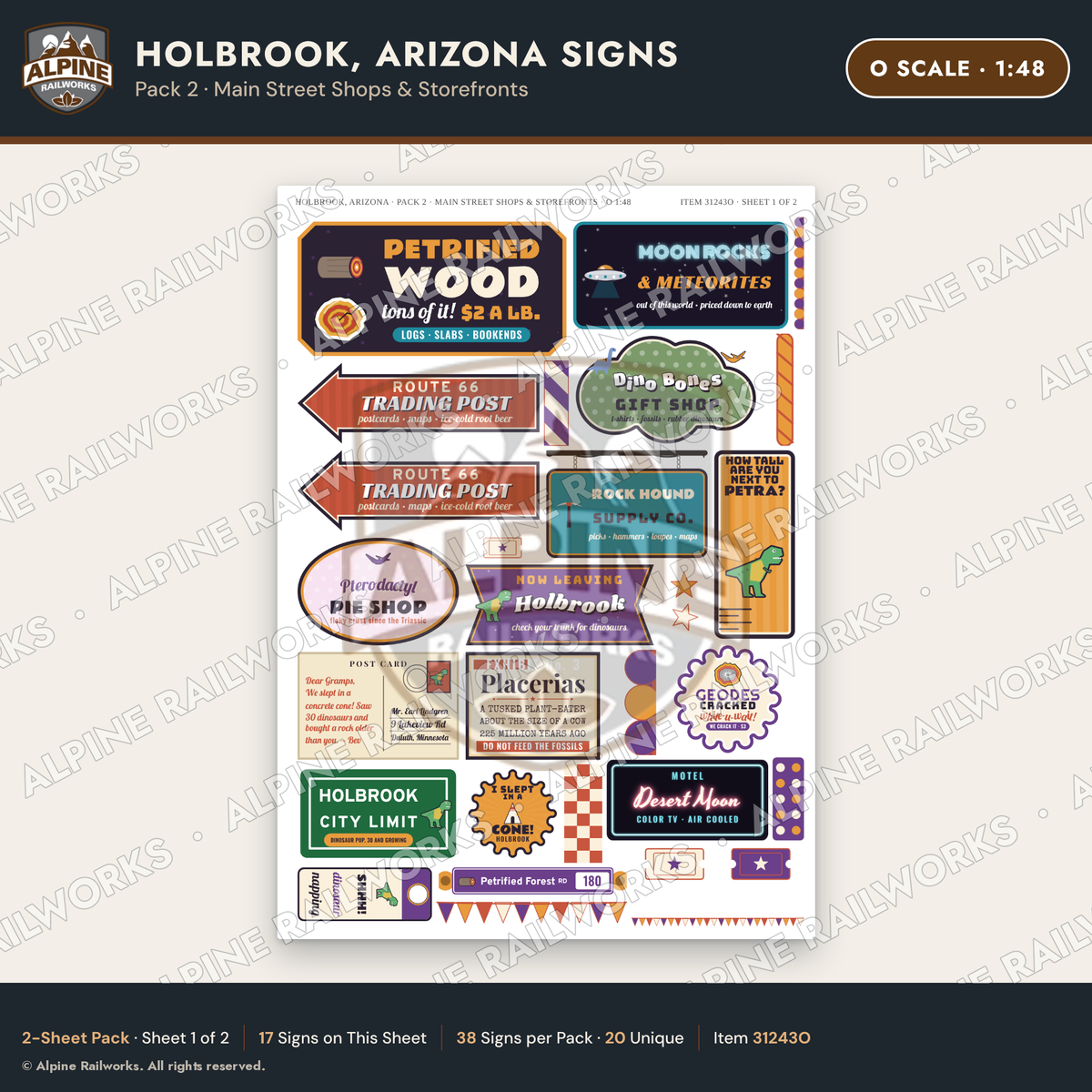 Alpine Railworks 31243O O Scale Holbrook AZ Signs - Main Street Shops