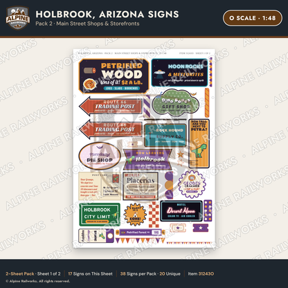 Alpine Railworks 31243O O Scale Holbrook AZ Signs - Main Street Shops