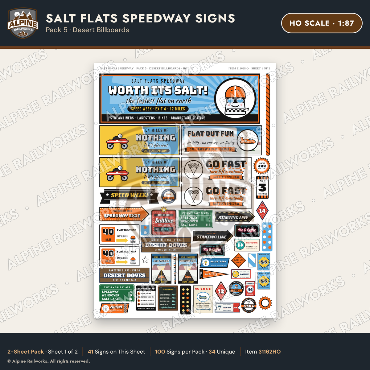Alpine Railworks 31162HO HO Scale Racing Signs - Salt Flats Speedway