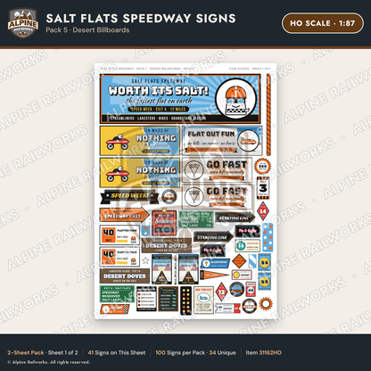 Alpine Railworks 31162HO HO Scale Racing Signs - Salt Flats Speedway