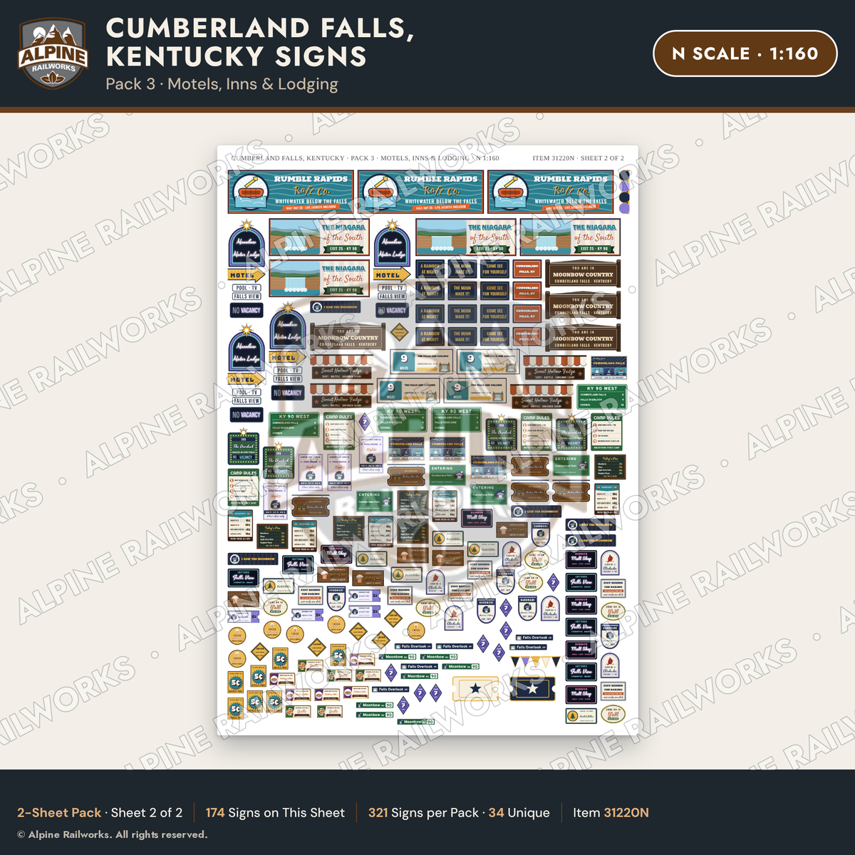 Alpine Railworks 31220N N Scale Cumberland Falls Signs - Motels & Inns