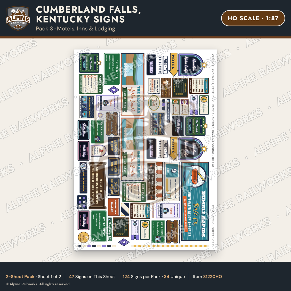 Alpine Railworks 31220HO HO Scale Cumberland Falls Signs - Motels