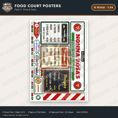 Alpine Railworks 30202G G Scale Food Court Posters - Pizza & Subs
