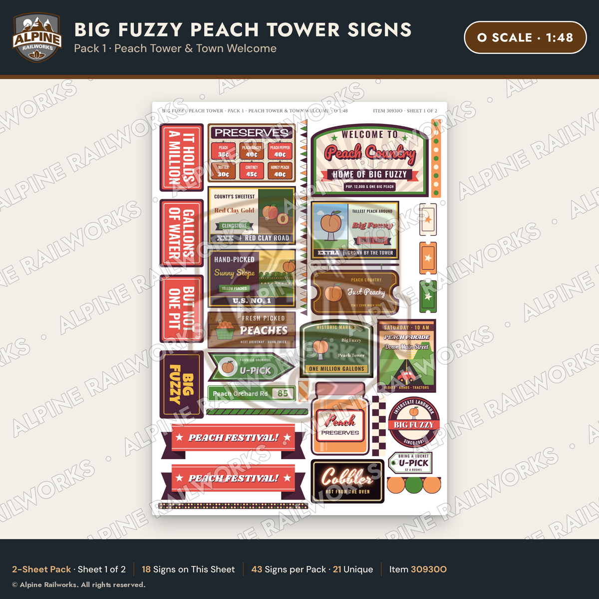 Alpine Railworks 30930O O Scale Roadside Signs - Peach Water Tower