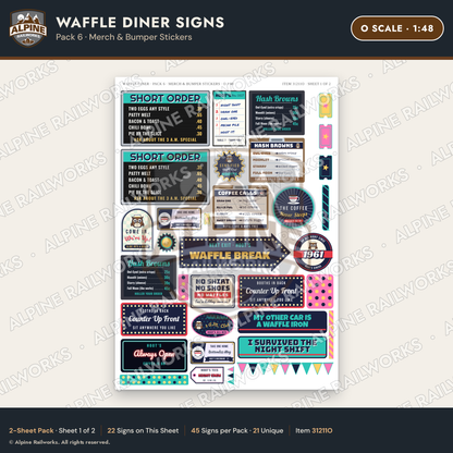 Alpine Railworks 31211O O Scale Waffle Diner Signs - Bumper Stickers