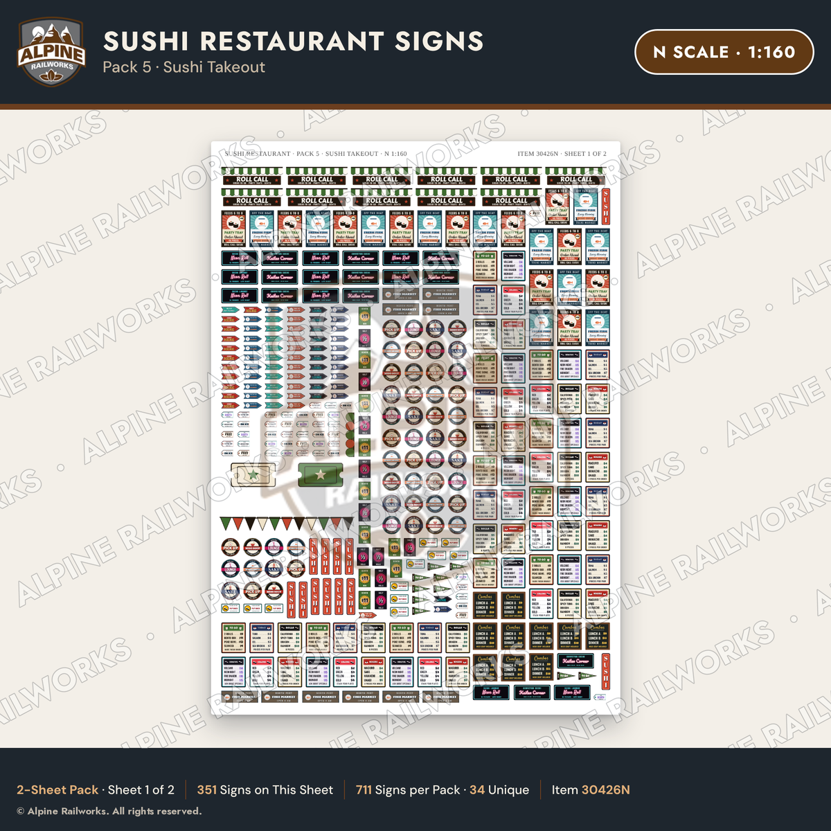 Alpine Railworks 30426N N Scale Sushi Restaurant Signs - Sushi Takeout