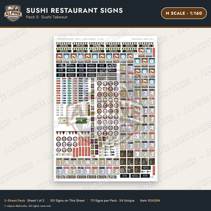 Alpine Railworks 30426N N Scale Sushi Restaurant Signs - Sushi Takeout