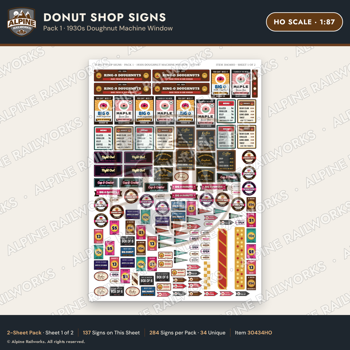 Alpine Railworks 30434HO HO Scale Donut Shop Signs