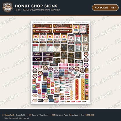 Alpine Railworks 30434HO HO Scale Donut Shop Signs