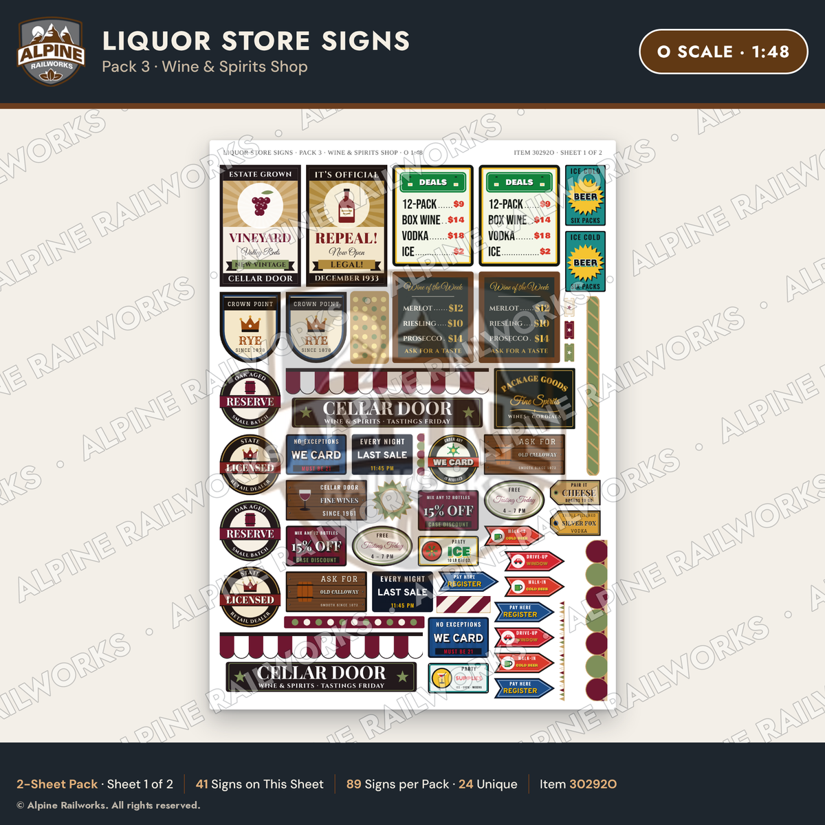 Alpine Railworks 30292O O Scale Liquor Store Signs - Wine