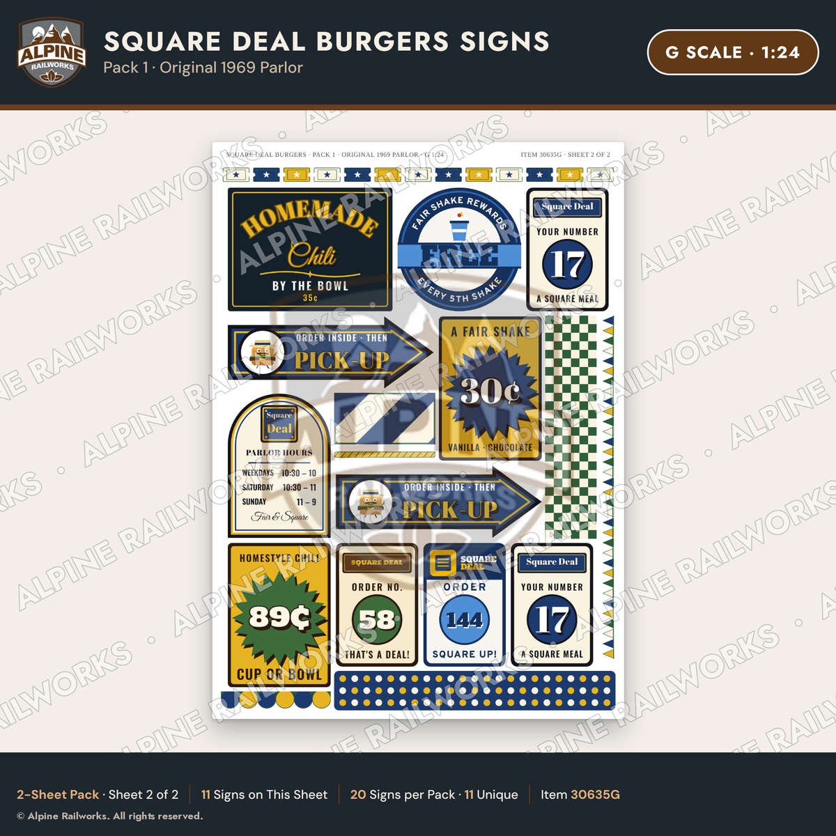 Alpine Railworks 30635G G Scale Fast Food Signs - Square Burgers