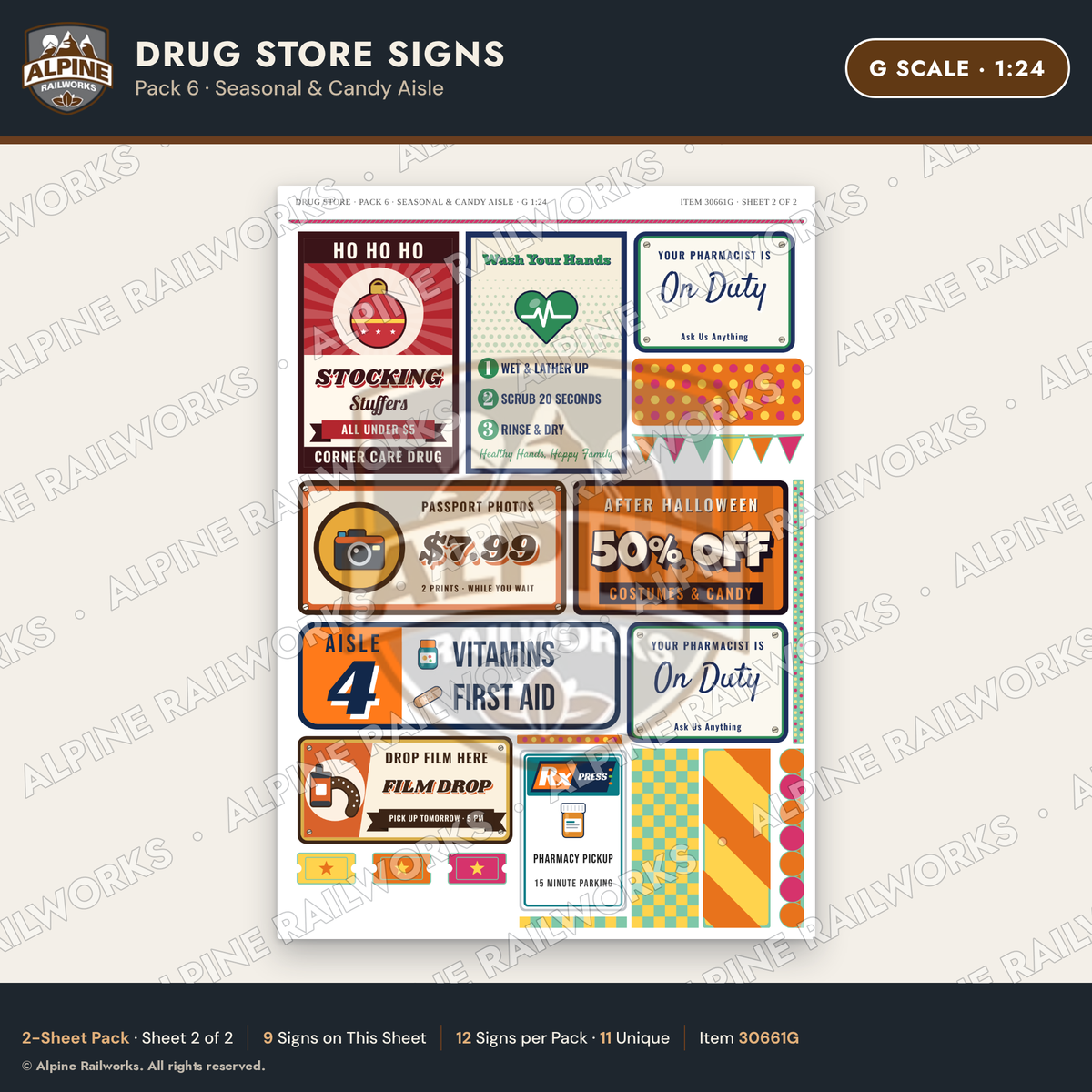 Alpine Railworks 30661G G Scale Drug Store Signs - Seasonal