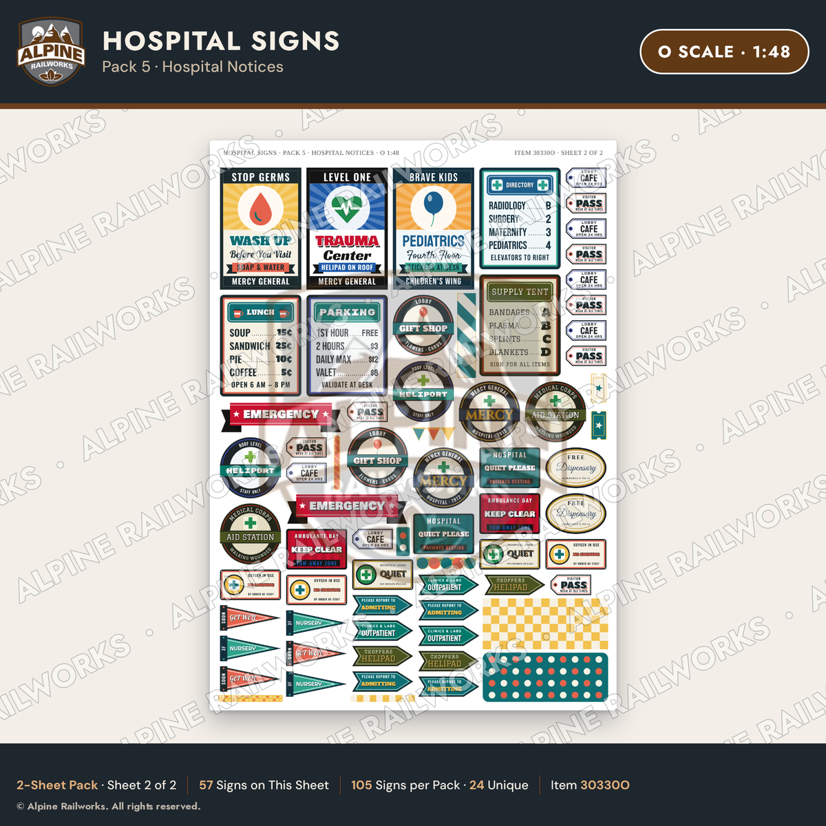 Alpine Railworks 30330O O Scale Hospital Signs - Hospital Notices