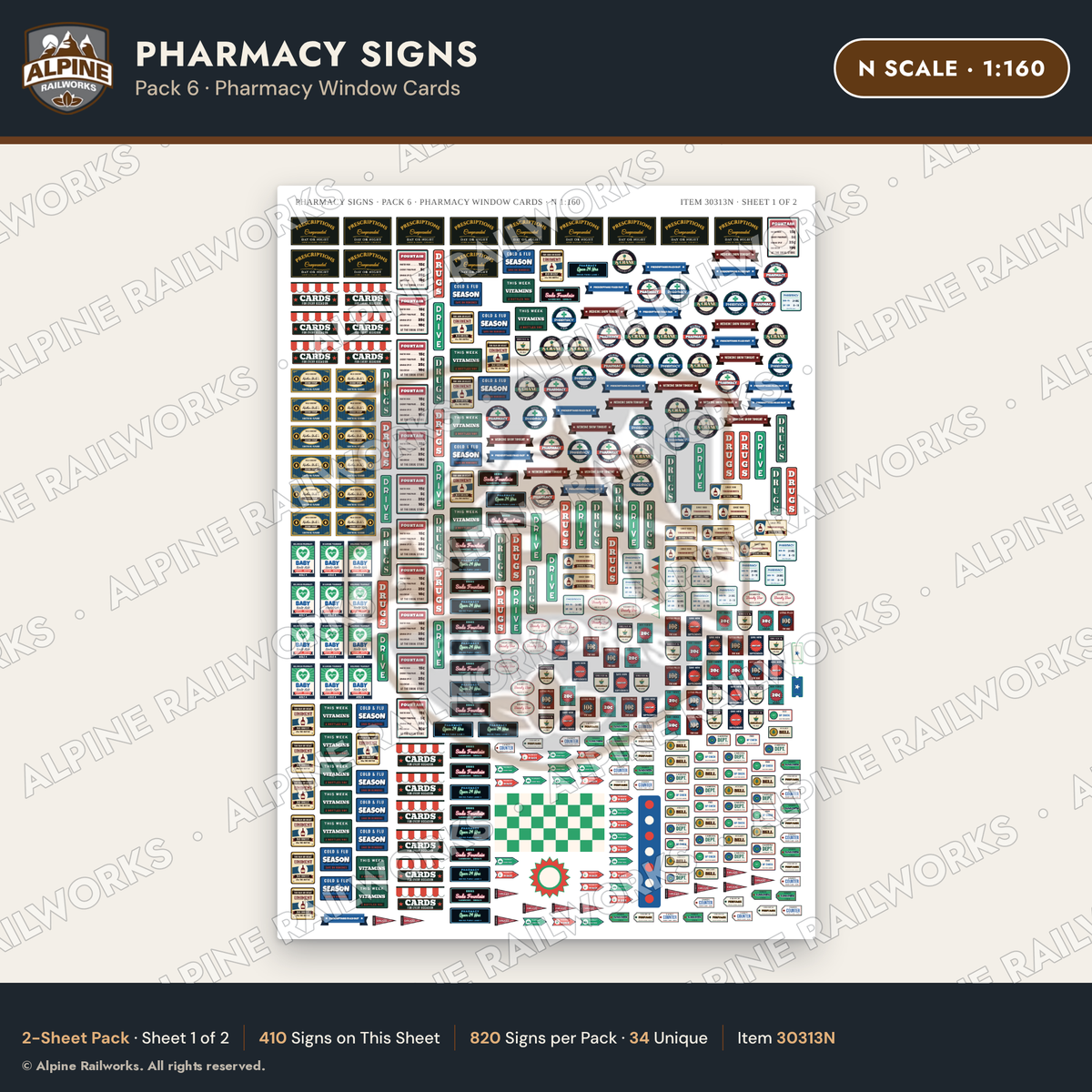 Alpine Railworks 30313N N Scale Pharmacy Signs - Pharmacy Window Cards
