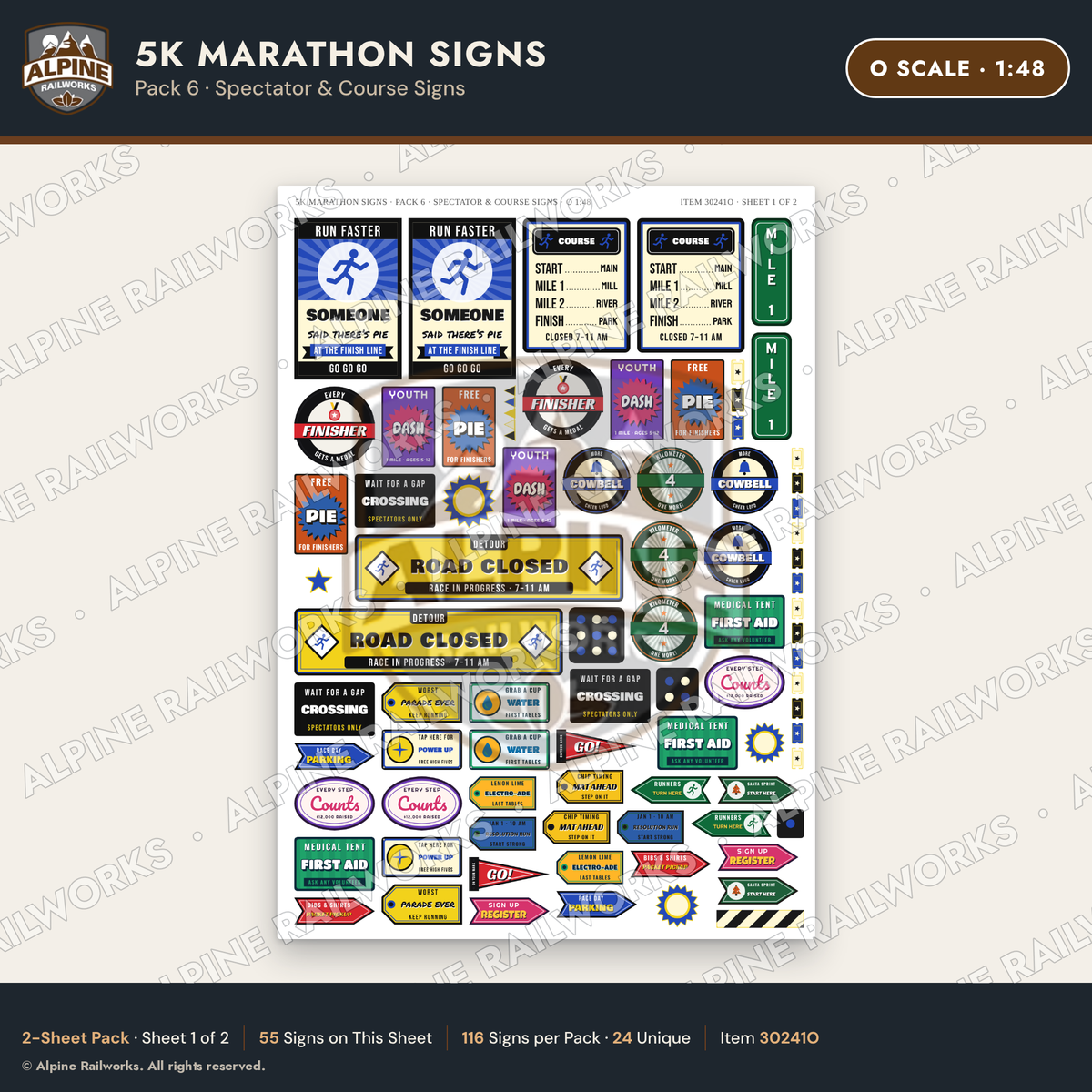 Alpine Railworks 30241O O Scale 5K Marathon Signs - Spectator & Course