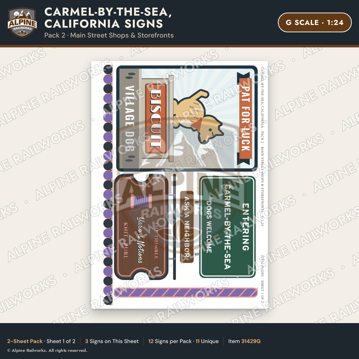 Alpine Railworks 31429G G Scale Carmel CA Signs - Main Street Shops