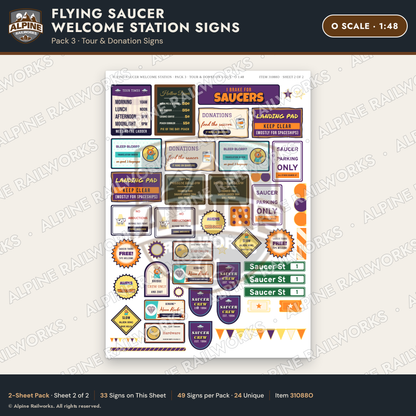 Alpine Railworks 31088O O Scale Roadside Signs - UFO Welcome Center