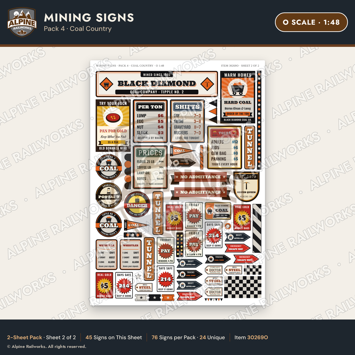 Alpine Railworks 30269O O Scale Mining Signs - Coal Country