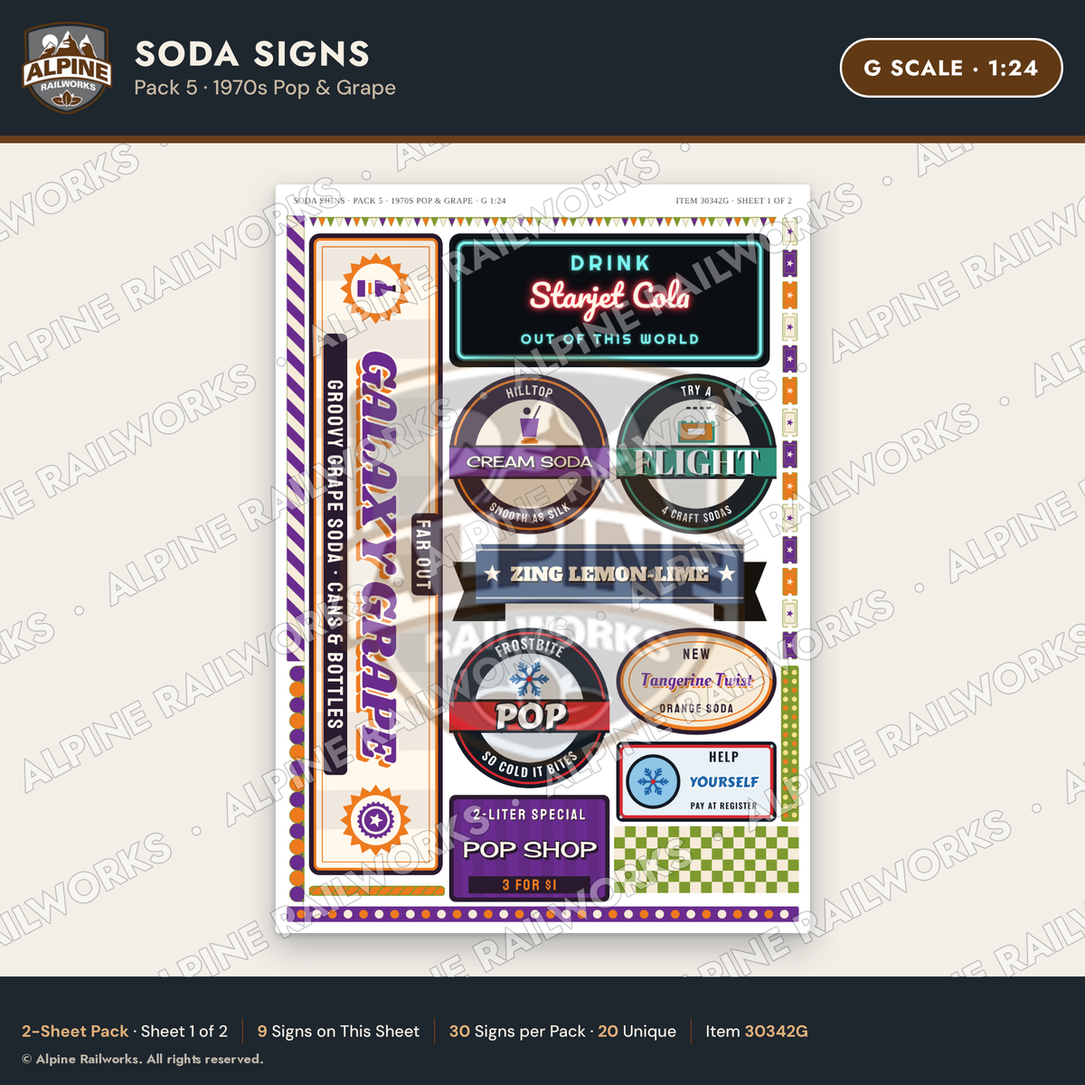 Alpine Railworks 30342G G Scale Soda Signs - 1970s Pop & Grape
