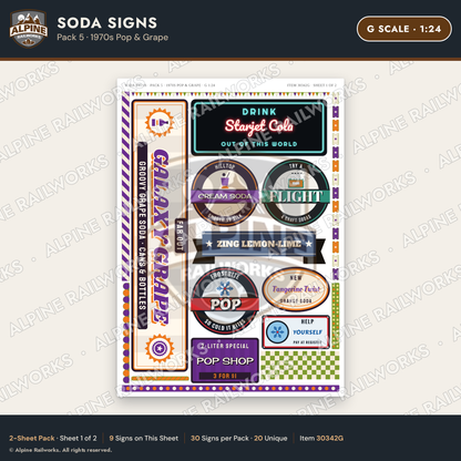 Alpine Railworks 30342G G Scale Soda Signs - 1970s Pop & Grape