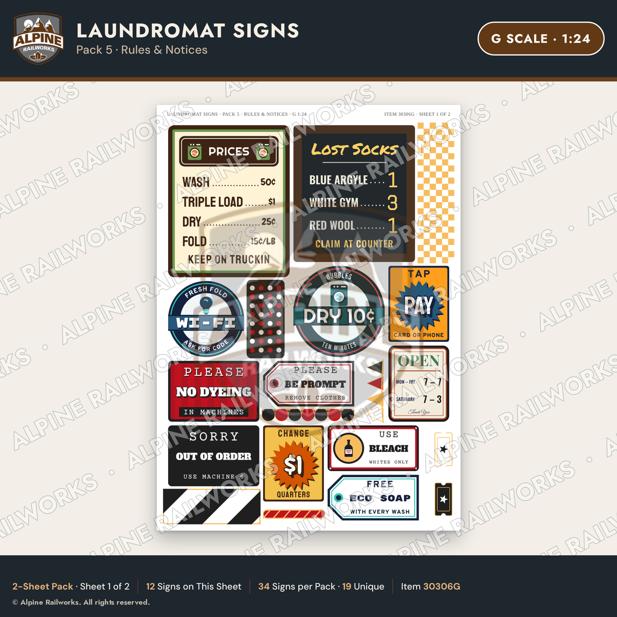 Alpine Railworks 30306G G Scale Laundromat Signs - Rules & Notices