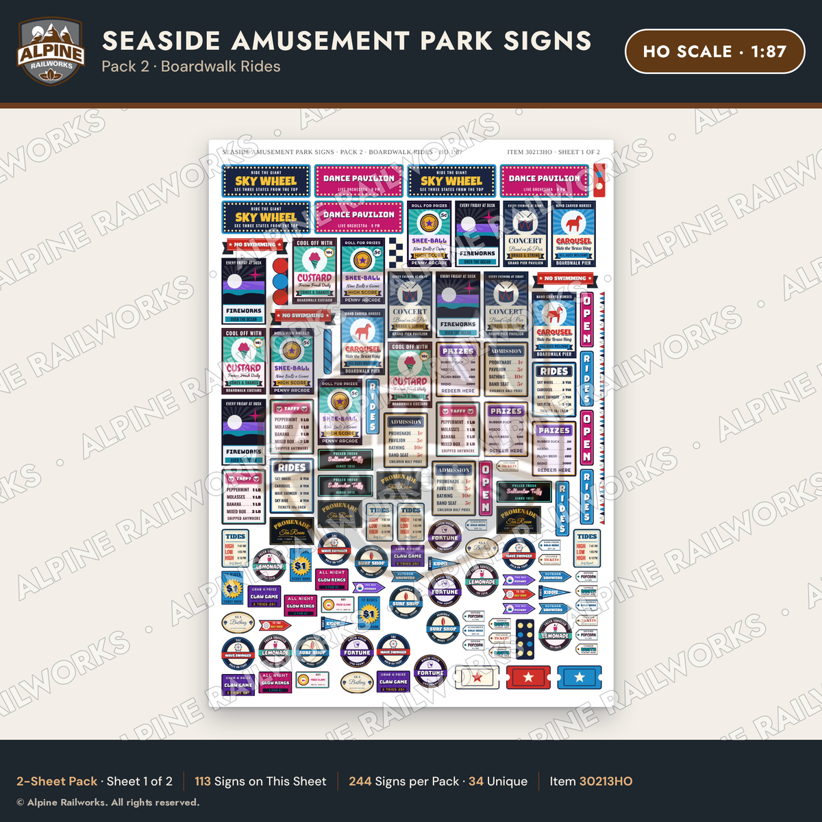 Alpine Railworks 30213HO HO Scale Seaside Amusement Park Signs