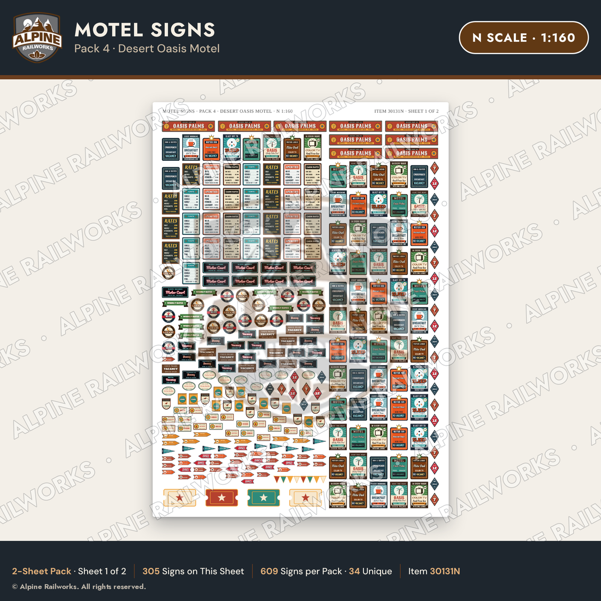 Alpine Railworks 30131N N Scale Motel Signs - Desert Oasis Motel