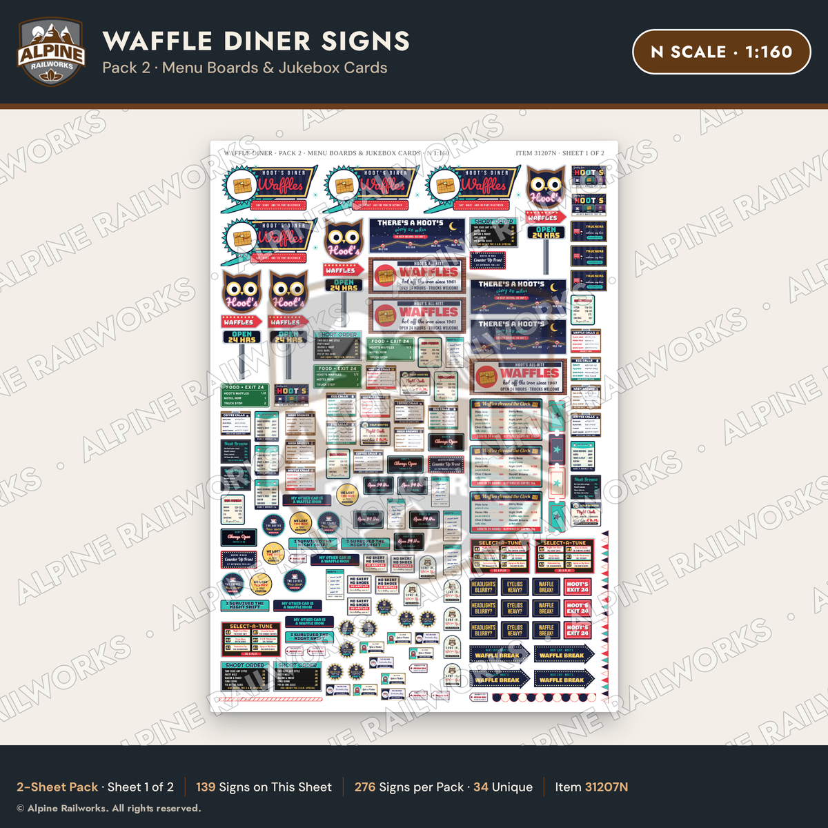 Alpine Railworks 31207N N Scale Waffle Diner Signs - Menu Boards