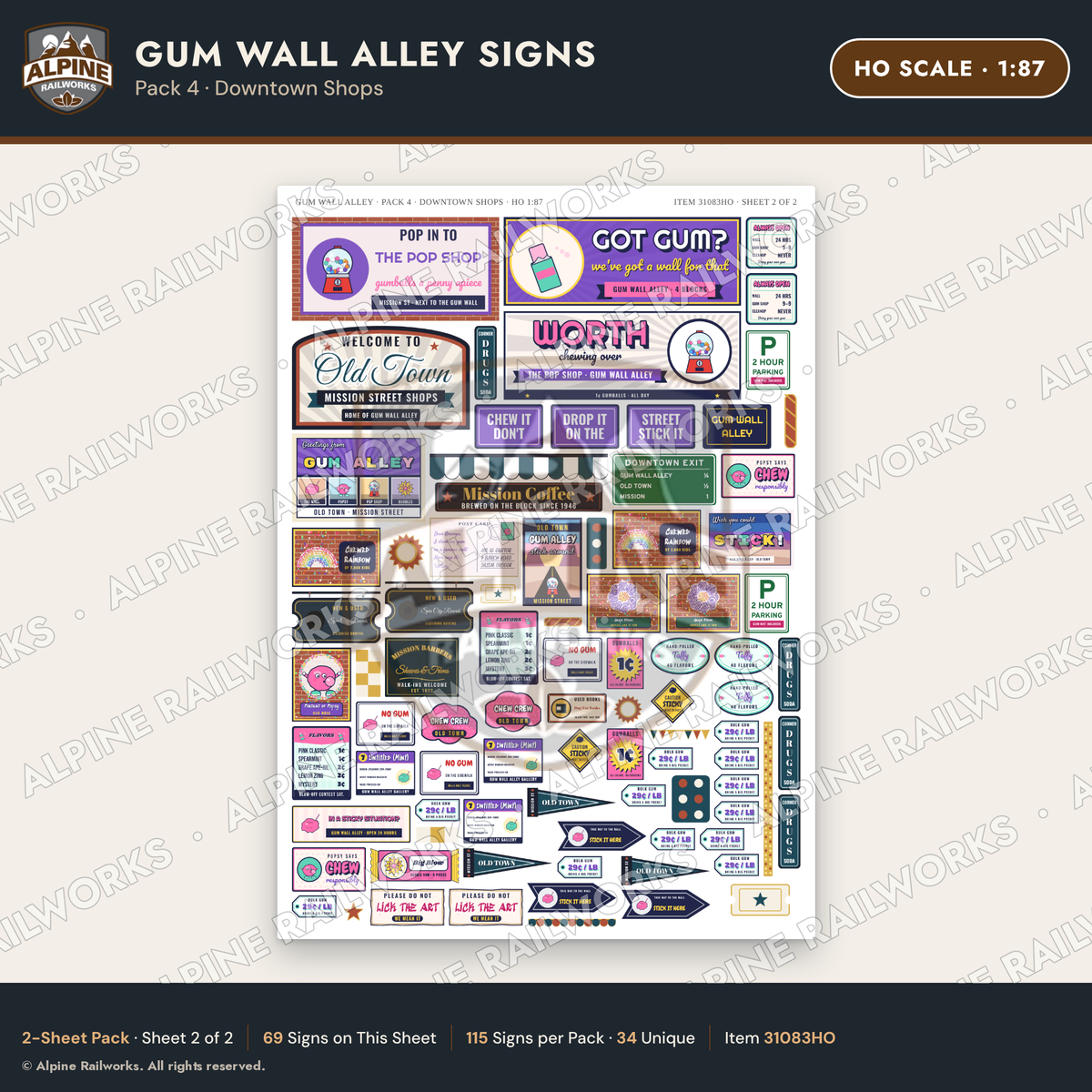 Alpine Railworks 31083HO HO Scale Roadside Signs - Bubblegum Alley