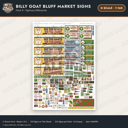 Alpine Railworks 30869N N Scale Roadside Signs - Goats on the Roof