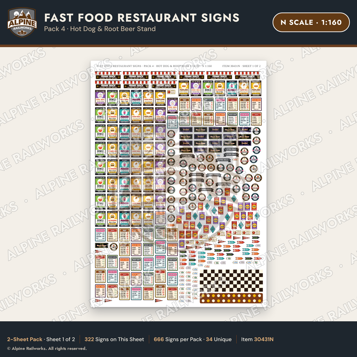 Alpine Railworks 30431N N Scale Fast Food Restaurant Signs - Hot Dog