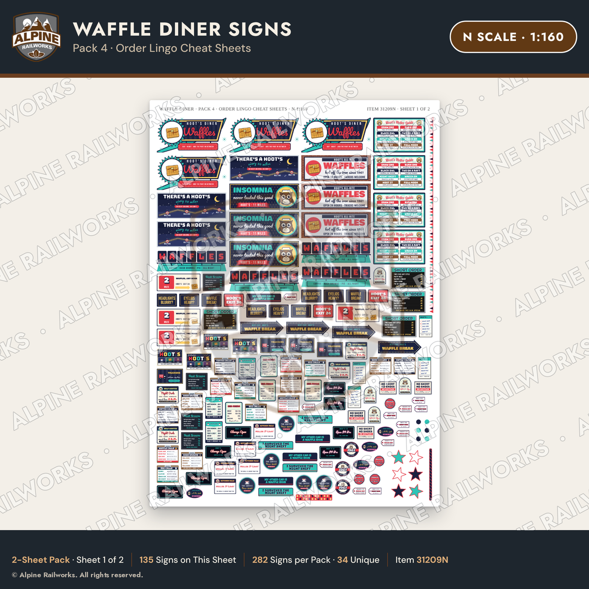 Alpine Railworks 31209N N Scale Waffle Diner Signs - Order Lingo