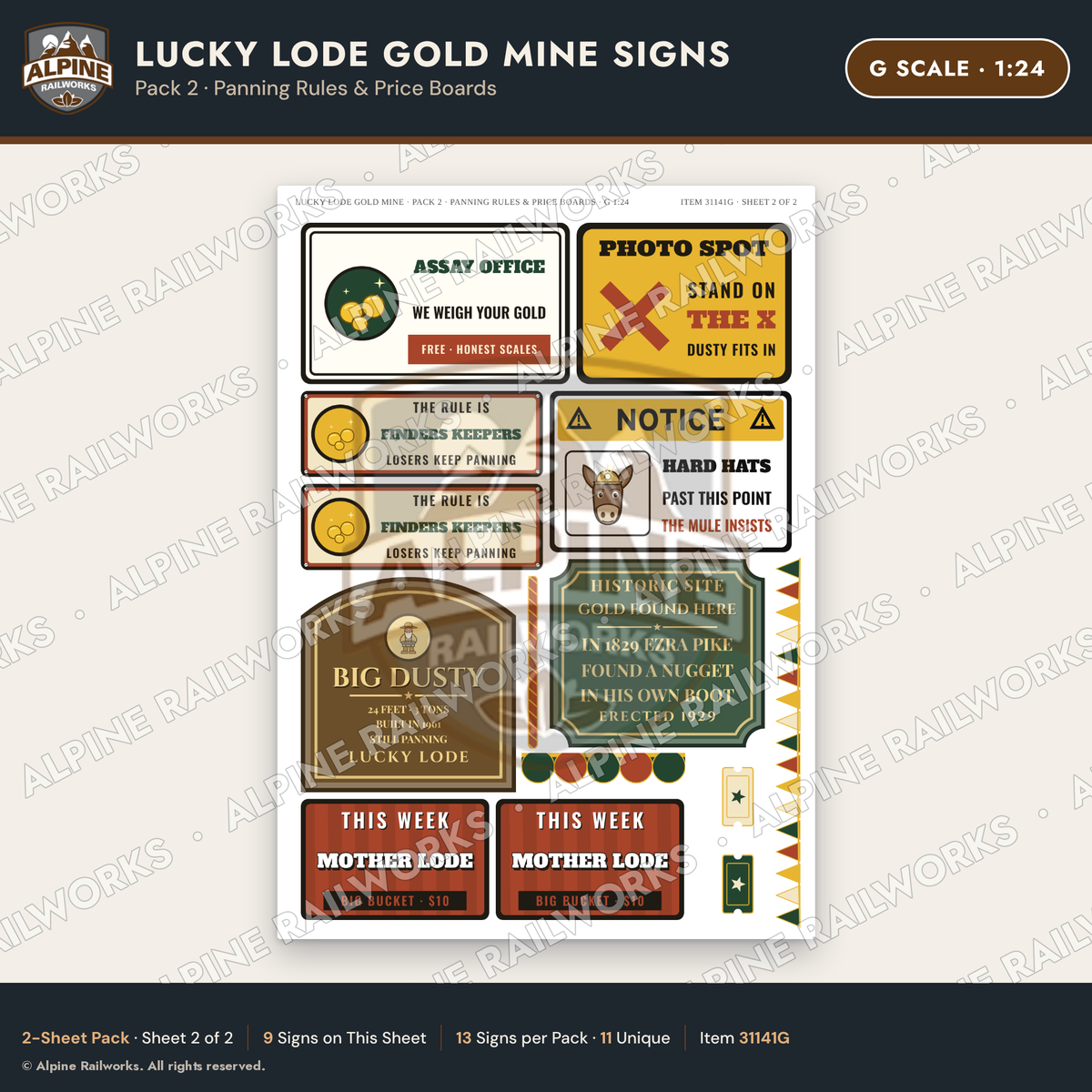 Alpine Railworks 31141G G Scale Roadside Signs - Gold Panning Mine