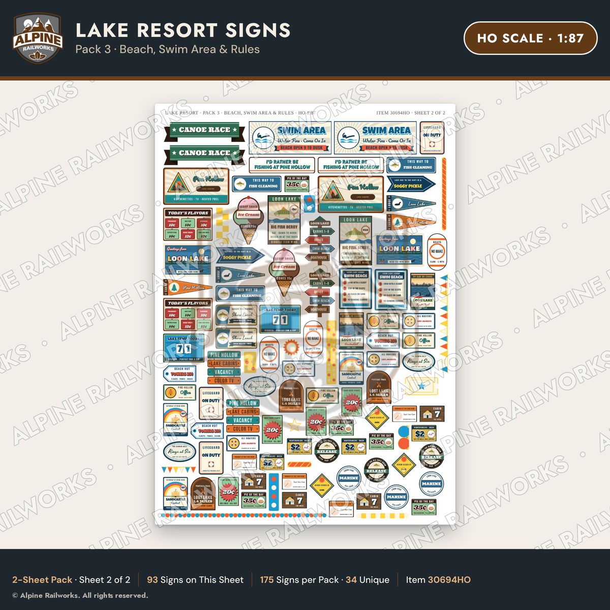 Alpine Railworks 30694HO HO Scale Lake Resort Signs - Beach