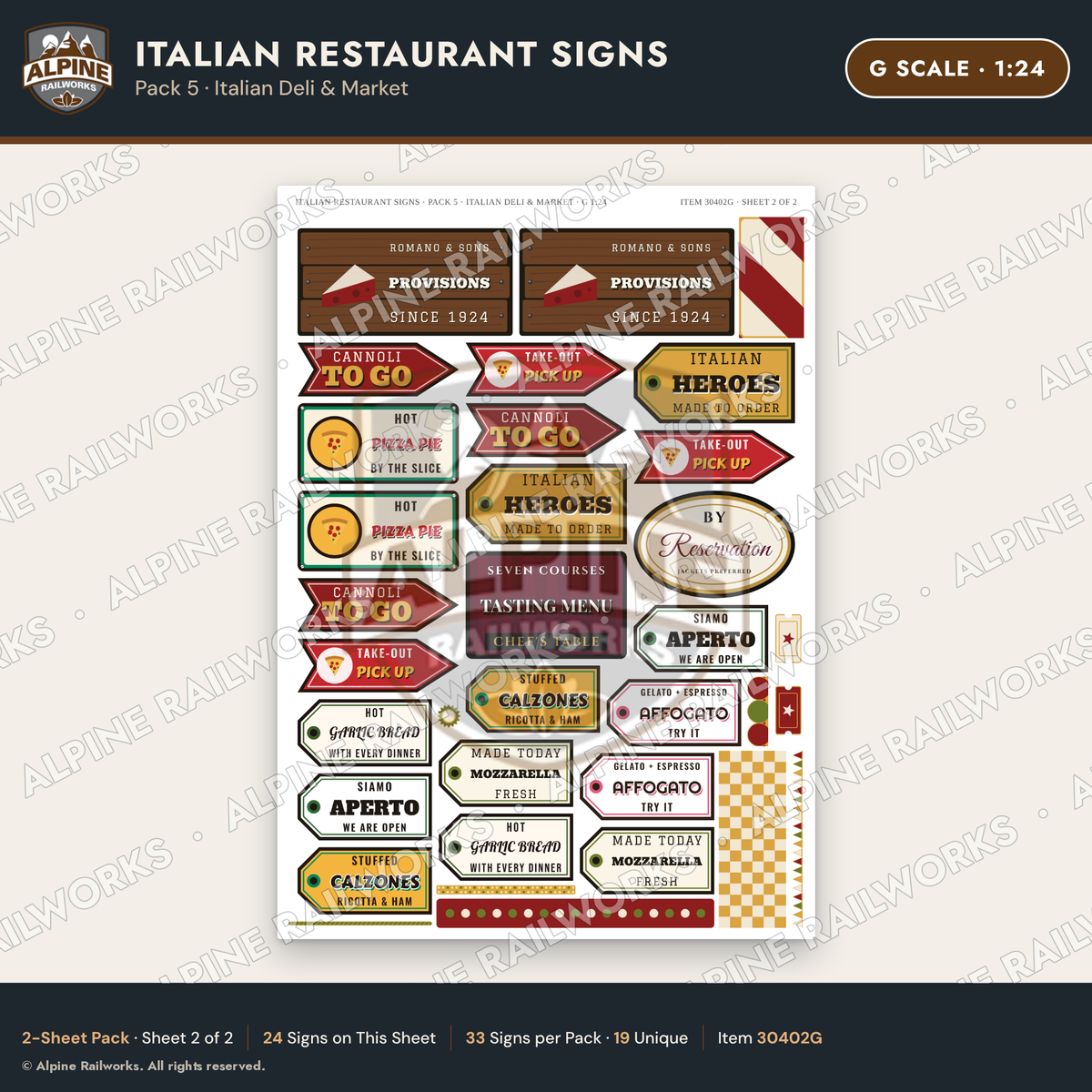 Alpine Railworks 30402G G Scale Italian Restaurant Signs
