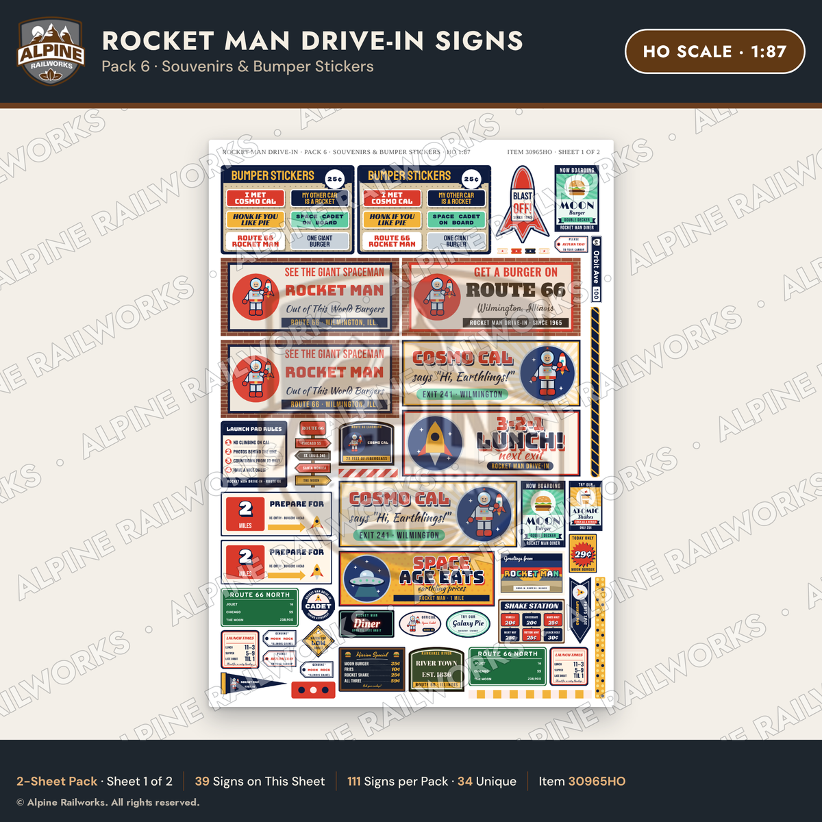 Alpine Railworks 30965HO HO Scale Roadside Signs - Spaceman Drive-In