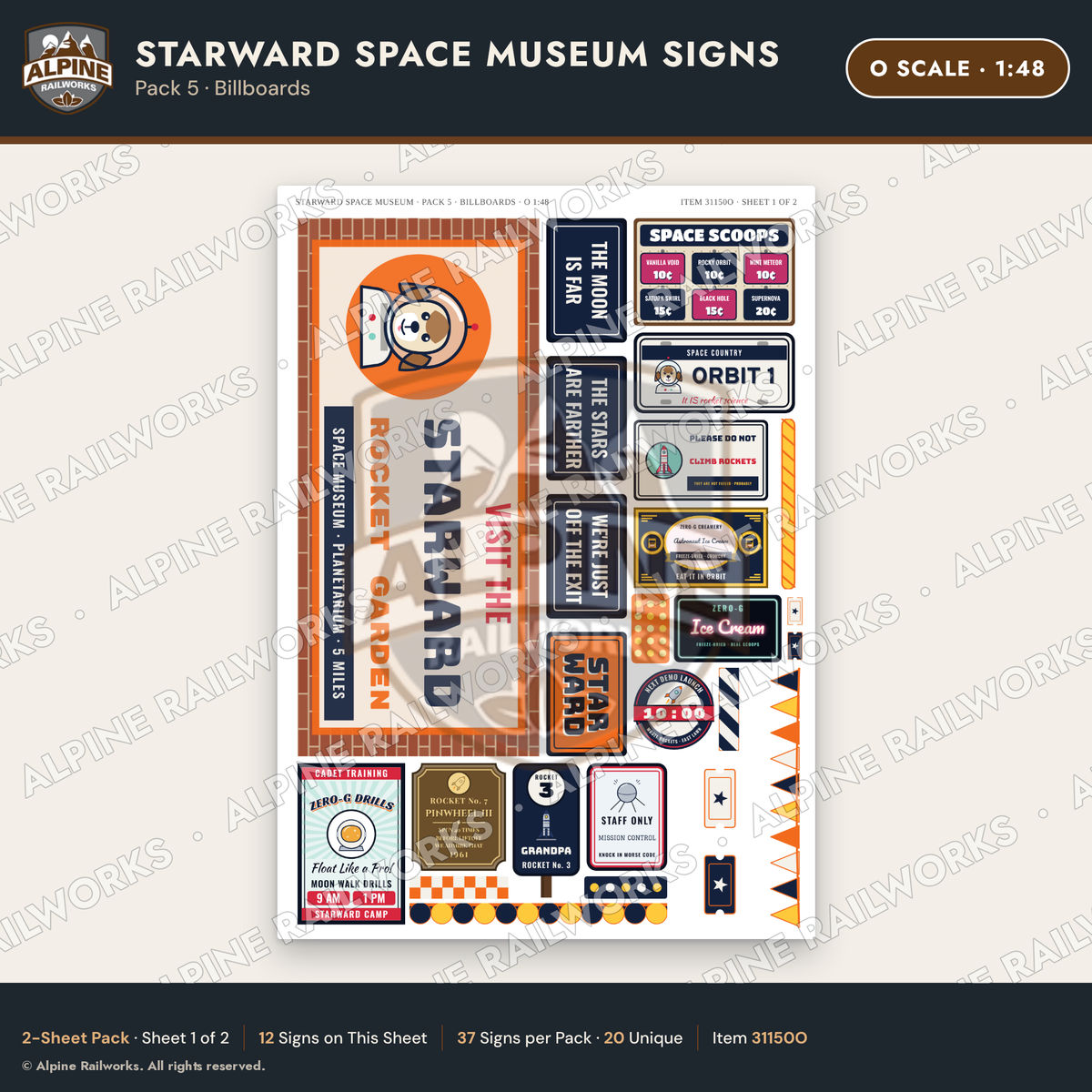 Alpine Railworks 31150O O Scale Roadside Signs - Space Museum