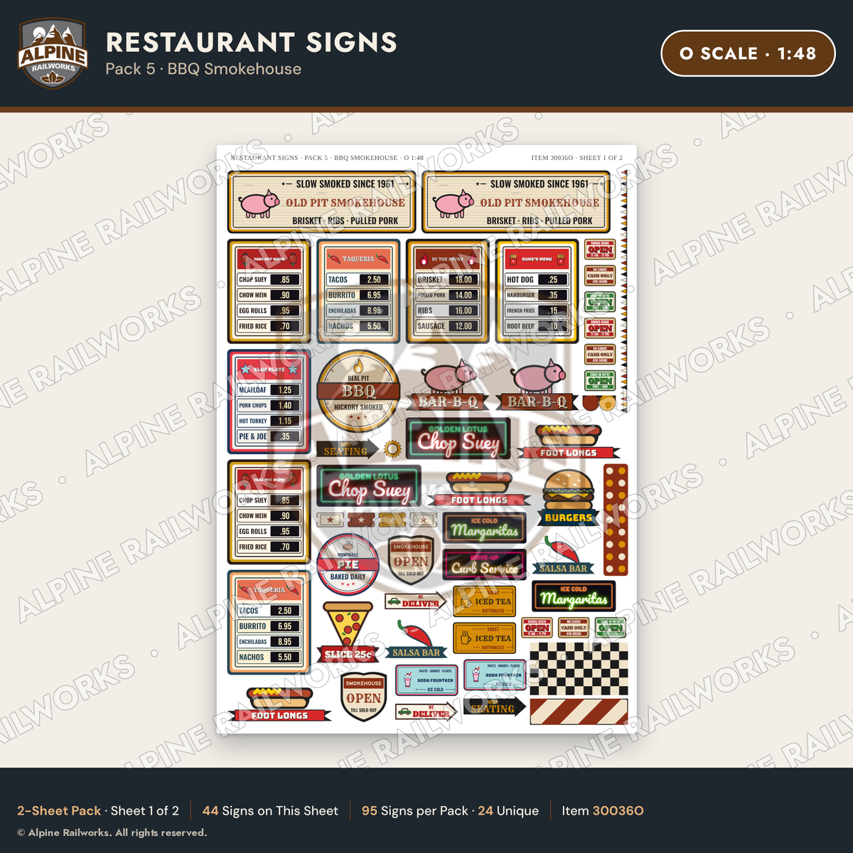 Alpine Railworks 30036O O Scale Restaurant Signs - BBQ Smokehouse