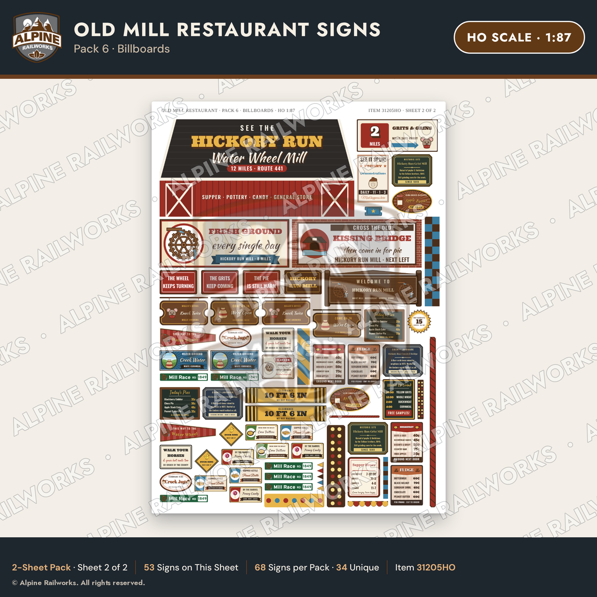 Alpine Railworks 31205HO HO Scale Old Mill Signs - Billboards