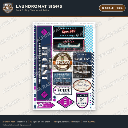 Alpine Railworks 30304G G Scale Laundromat Signs - Dry Cleaners