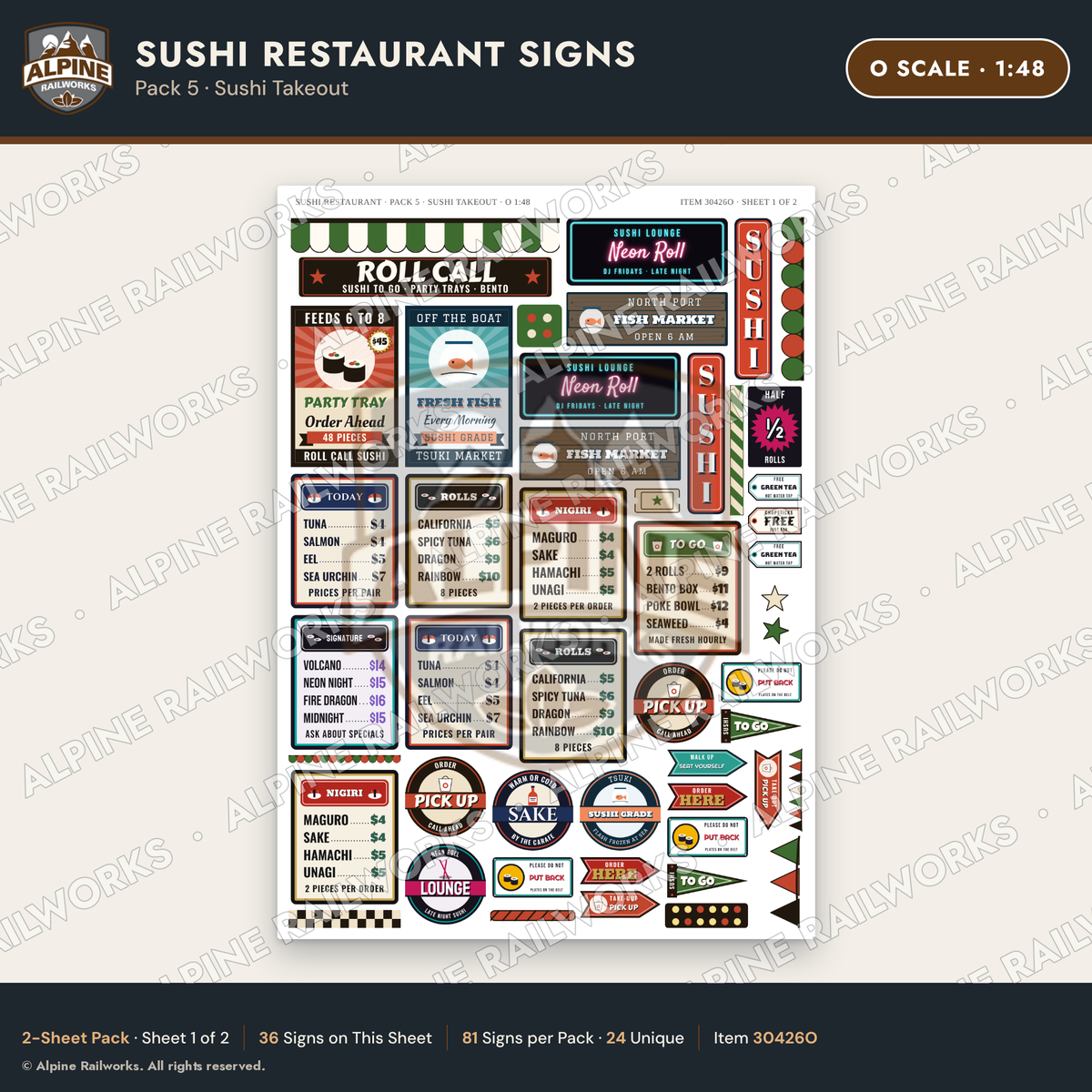 Alpine Railworks 30426O O Scale Sushi Restaurant Signs - Sushi Takeout