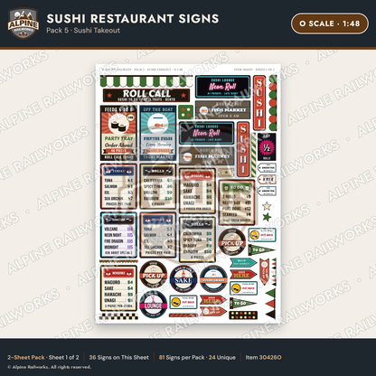 Alpine Railworks 30426O O Scale Sushi Restaurant Signs - Sushi Takeout