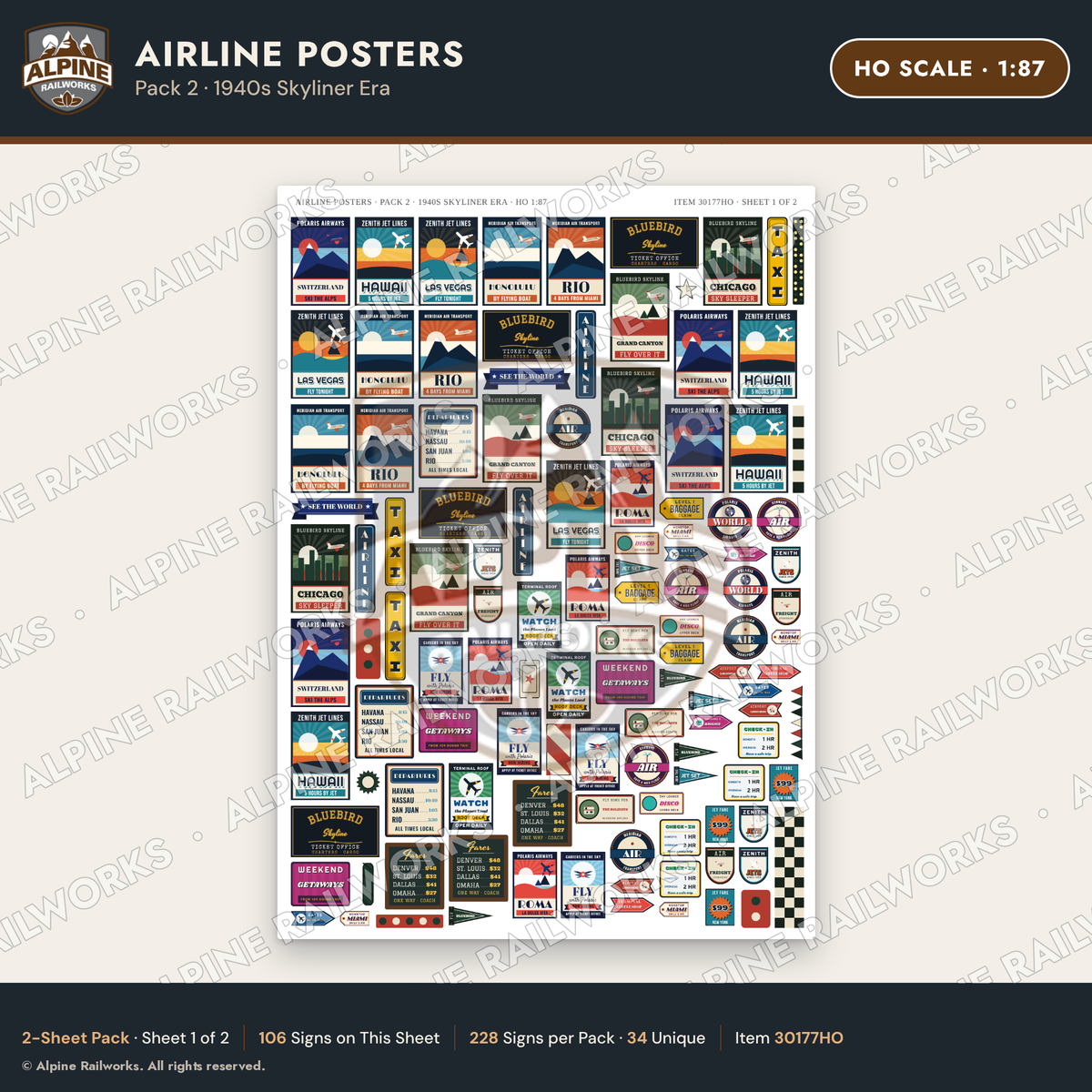Alpine Railworks 30177HO HO Scale Airline Posters - 1940s Skyliner Era